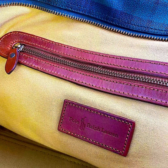 MRALPH LAUREN Black Watch Plaid Coated Canvas Brown
Leather Top Zip Shoulder Bag - Picture 8 of 16